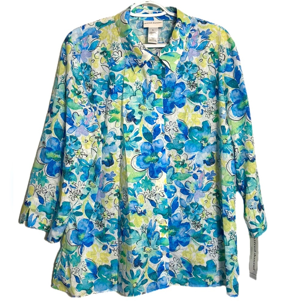 Alfred Dunner Cool Vibrations Blue Floral Short Sleeve Blouse NWT - Size XL
